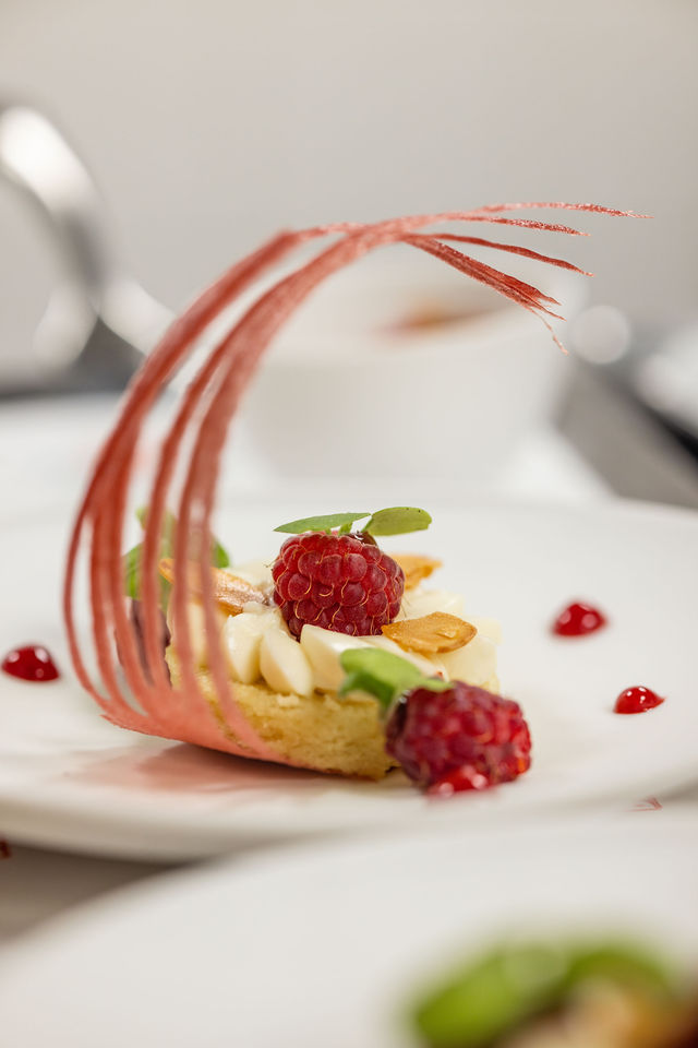 Dessert gastronomique à la framboise avec décor en sucre tiré, dressage soigné